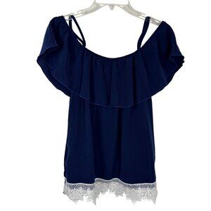 Miss Chievous Navy Blue White Crochet Trim Off the Shoulder Blouse Top Med EUC
